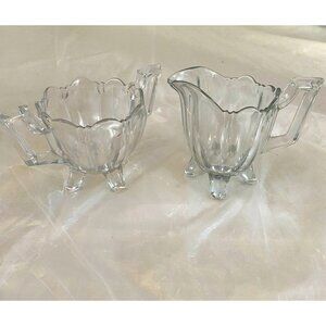 Indiana Glass Sugar Bowl and Creamer Pitcher Set Colonial Notched Clear 4 Footed